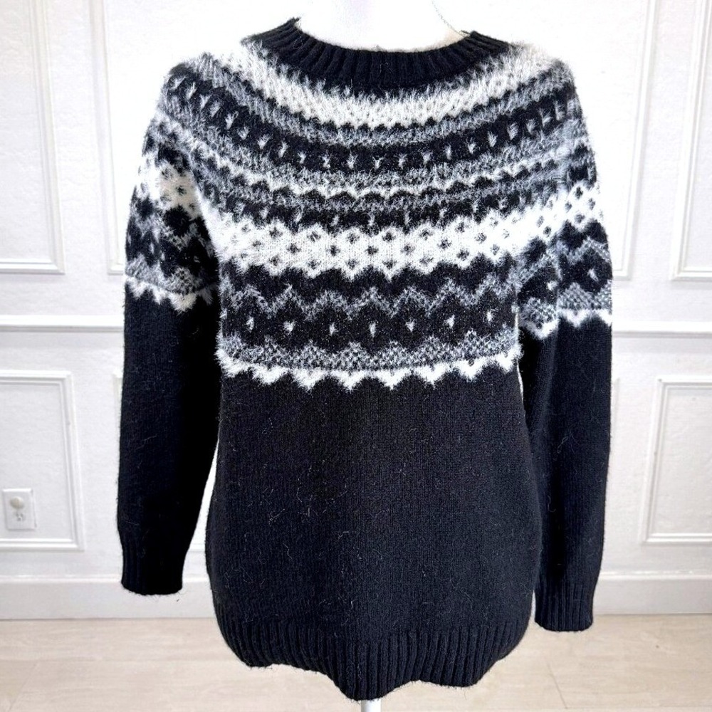 Talbots Fair Isle Sweater Womens Large P Black White Wool Blend Pullover Knit